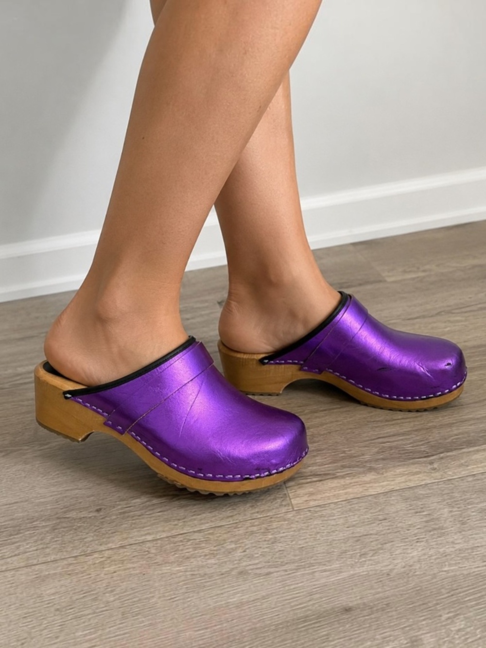 BJORK Maja Purple Metallic Leather Wood Clogs EU 40 US 9.5 10 Swedish Comfort